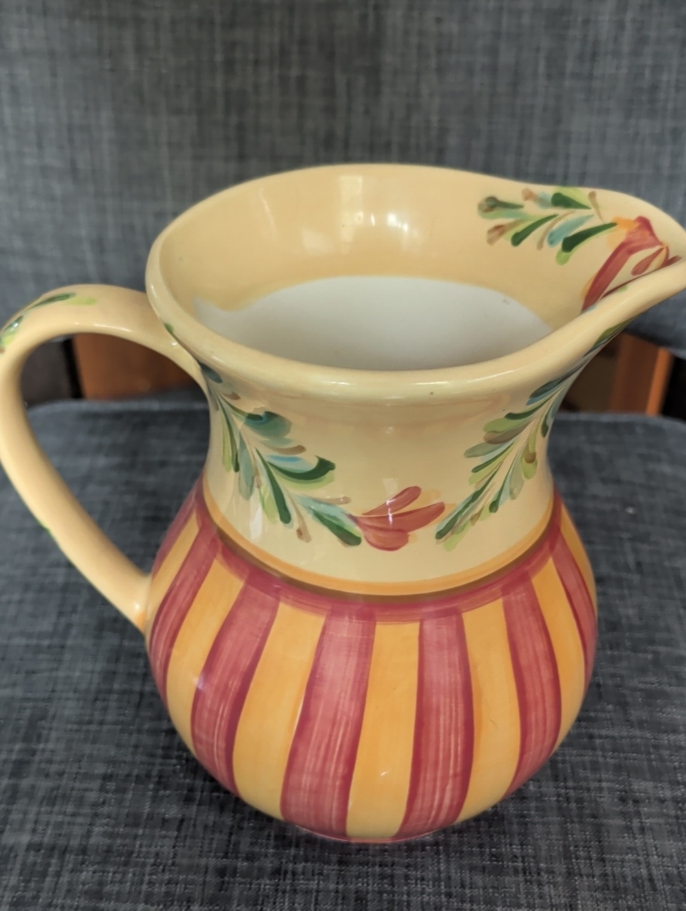 Gail Bittman Ceramic Yellow and Red Striped Pitcher - Decorative Kitchen Jug